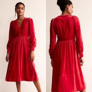 Boden Elise Velvet Midi Dress Red Fit Flare Long Sleeve Size 6 NWT